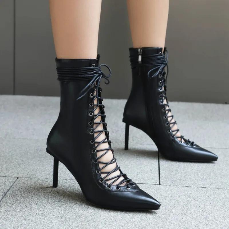 Fashion Brand Design Cross Strap Black and Red Short Boots Autumn Winter Fashion Pointed Spicy Girl Sexy Women's Ankle Boots Size 33-46