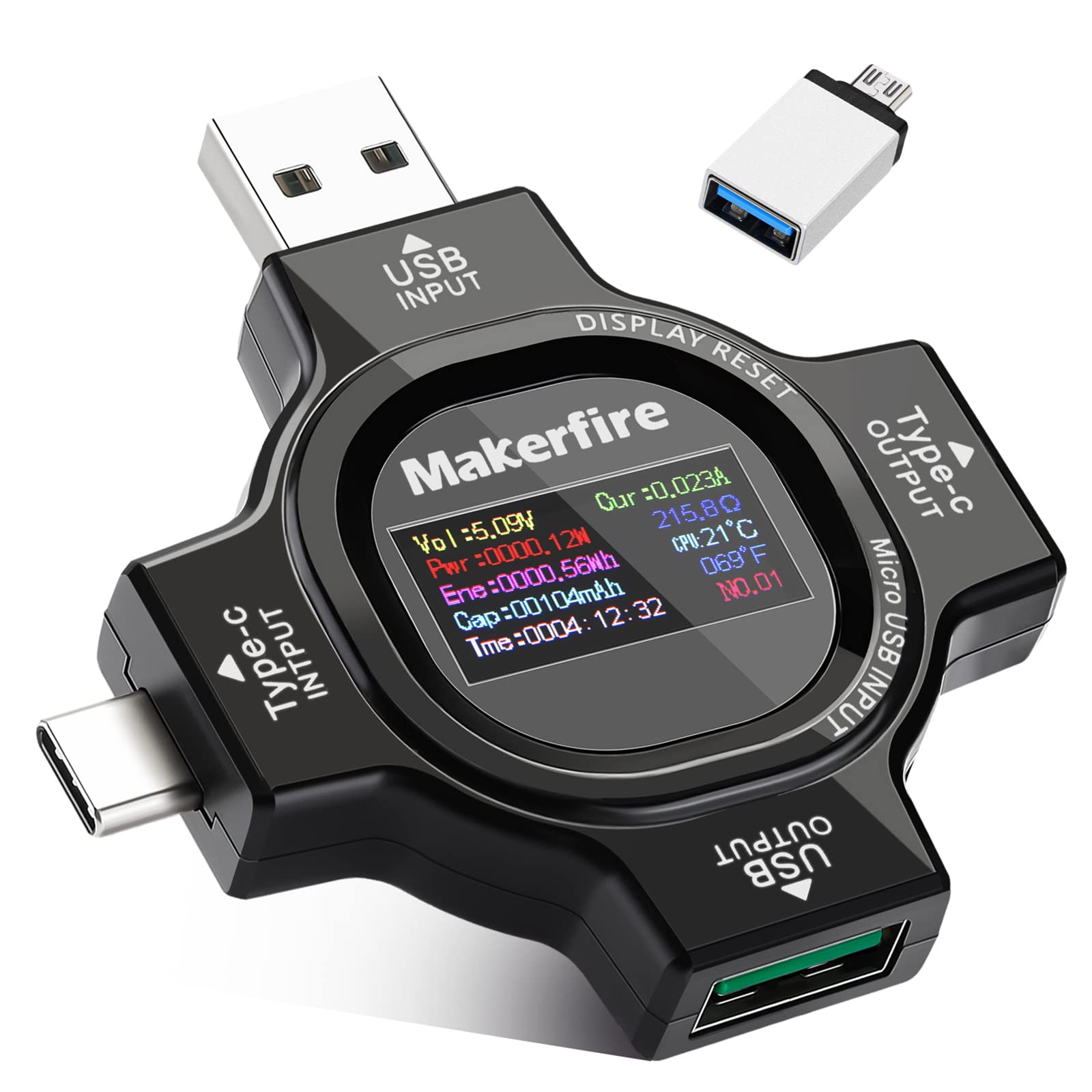 

Makerfire USB C Meter Мультиметр Тестер з TFT Кольоровим Зарядним Пристроєм Навантаженням та USB Амперметром Тестером, Дисплей Type-C, Струм, Напруга, Опір, Температура, сірий колір