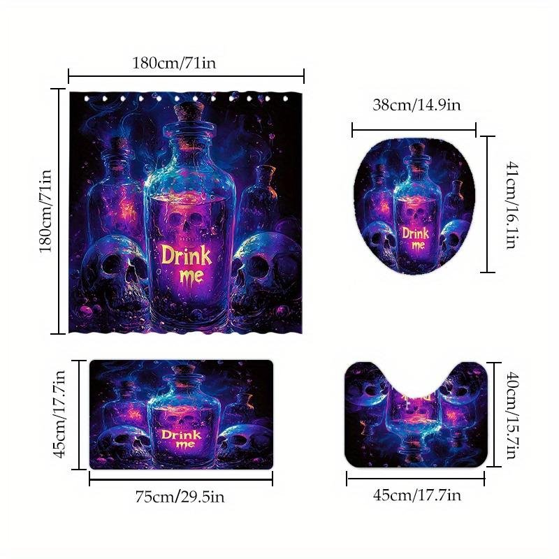 Fantasy Skull Shower Curtain Set - Gothic Potion And Skull Design, Polyester, Non-Slip Bath Mat, Toilet Seat Cover, U-Shaped Rug