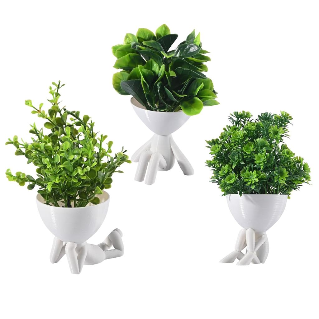 Plastic Mini Artificial Plants With Pot, Table Decorative Items, White & Green