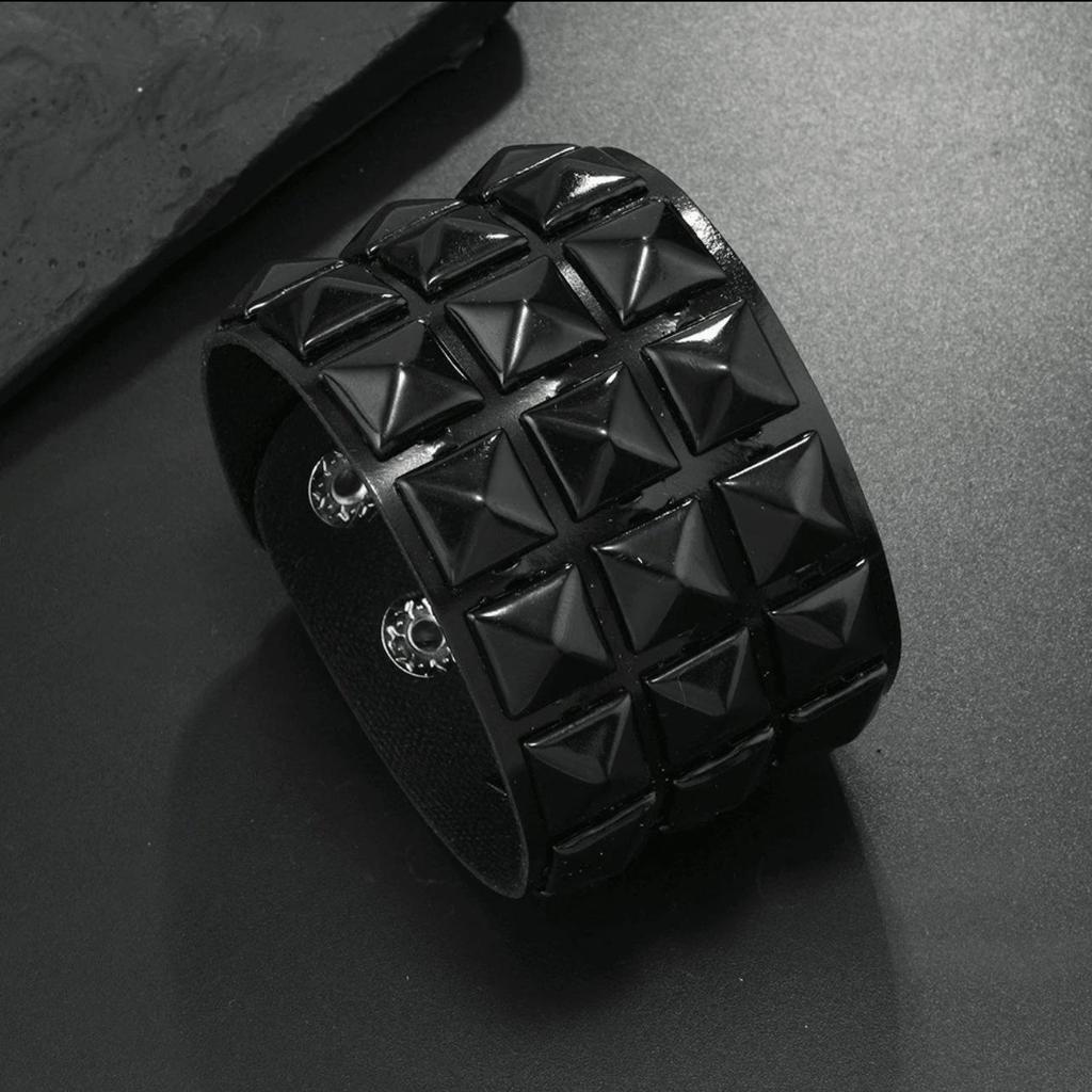 Men's Black & Silver Studded PU Leather Bracelet with Round Corners - Cross-Border Punk Style