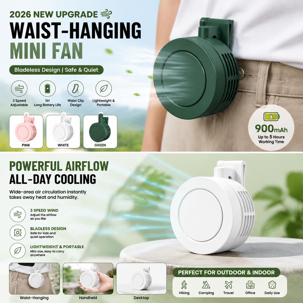 Rechargeable Mini Waist Fan | Portable Bladeless Handheld Desktop Fan with Waist Clip for Outdoor Use