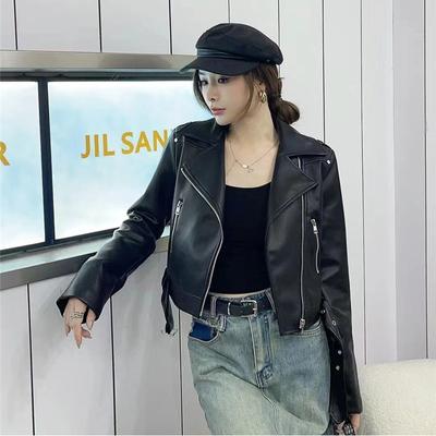 Leather Jacket Women's Spring New Style Sweet and Handsome Motorcycle Leather Jacket Fashion Belt Short Women's Top