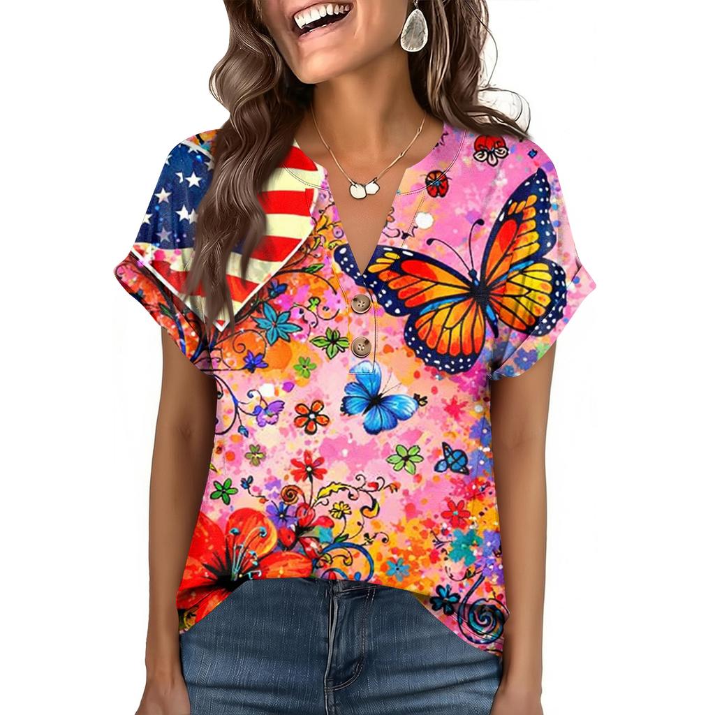 Women's Fashionable Casual Loose-Fit Short-Sleeved Button-Up V-Neck Printed T-Shirt Top