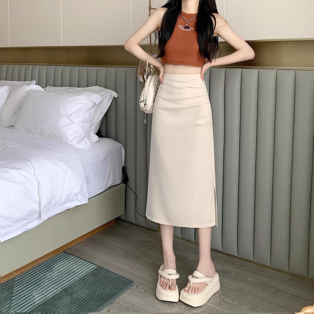 Gefalteter High-Waist A-Linien Bodycon Midi-Rock mit Schlitz für Damen 2025