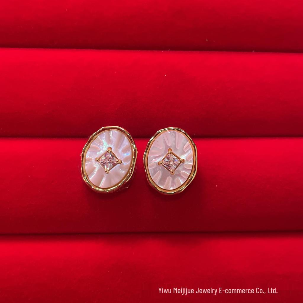 Vintage Red Agate & Zircon Inlaid Oval Shell Daisy Stud Earrings - Versatile Jewelry for Daily Wear