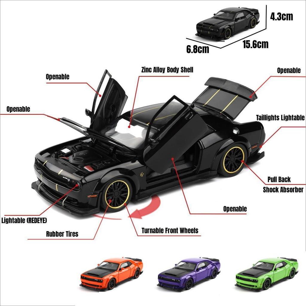 1/32 Scale Dodge Challenger SRT Hellcat Toy Car for Children Super Sport Model Diecast Vehicle Miniature Sound & Light Collection Gift