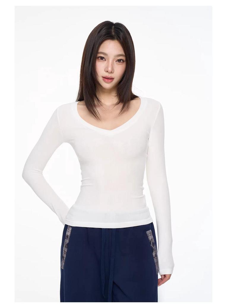 Women's V-Neck Lyocell Long-Sleeve Slim-Fit Top - Spring/Autumn Versatile Layered Design