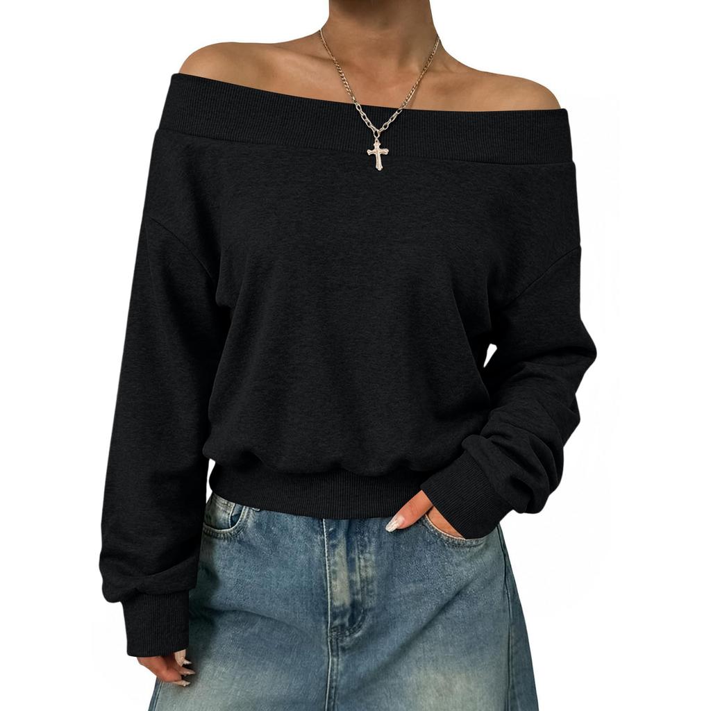 Women's Off-Shoulder Long Sleeve Sweatshirt Casual Loose Fit Color Top