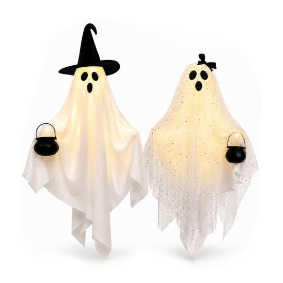 Decorative Ghost for Covered Porch Halloween Hanging Light, Couple Lamp with Witch Hats Decor, Figures Patio Reusable Seasonal Props Front Door