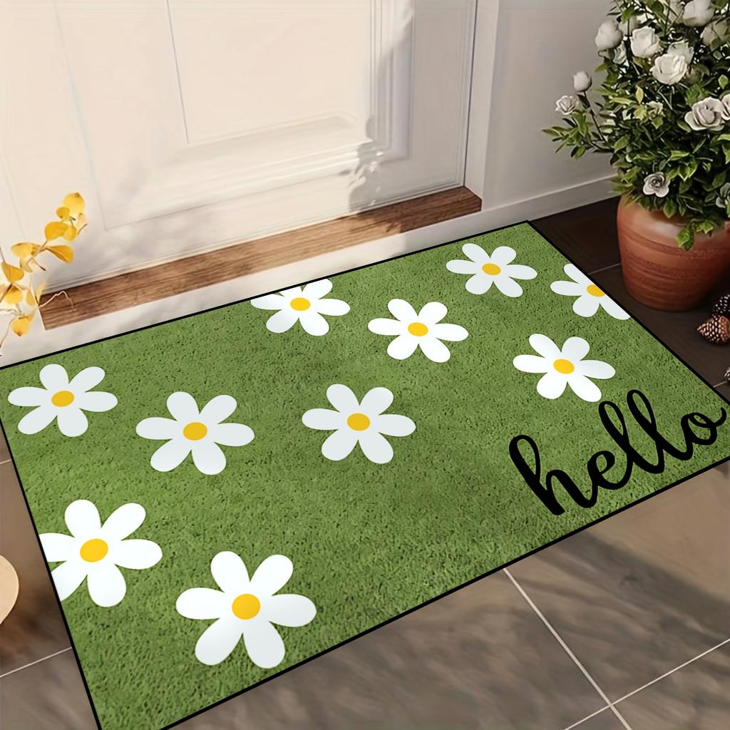 1pc Daisy Welcome Mat,Green Flowers Spring Doormat NonSlip Entryway Rug Living Room Bedroom Kitchen Washable Indoor Floor Mat