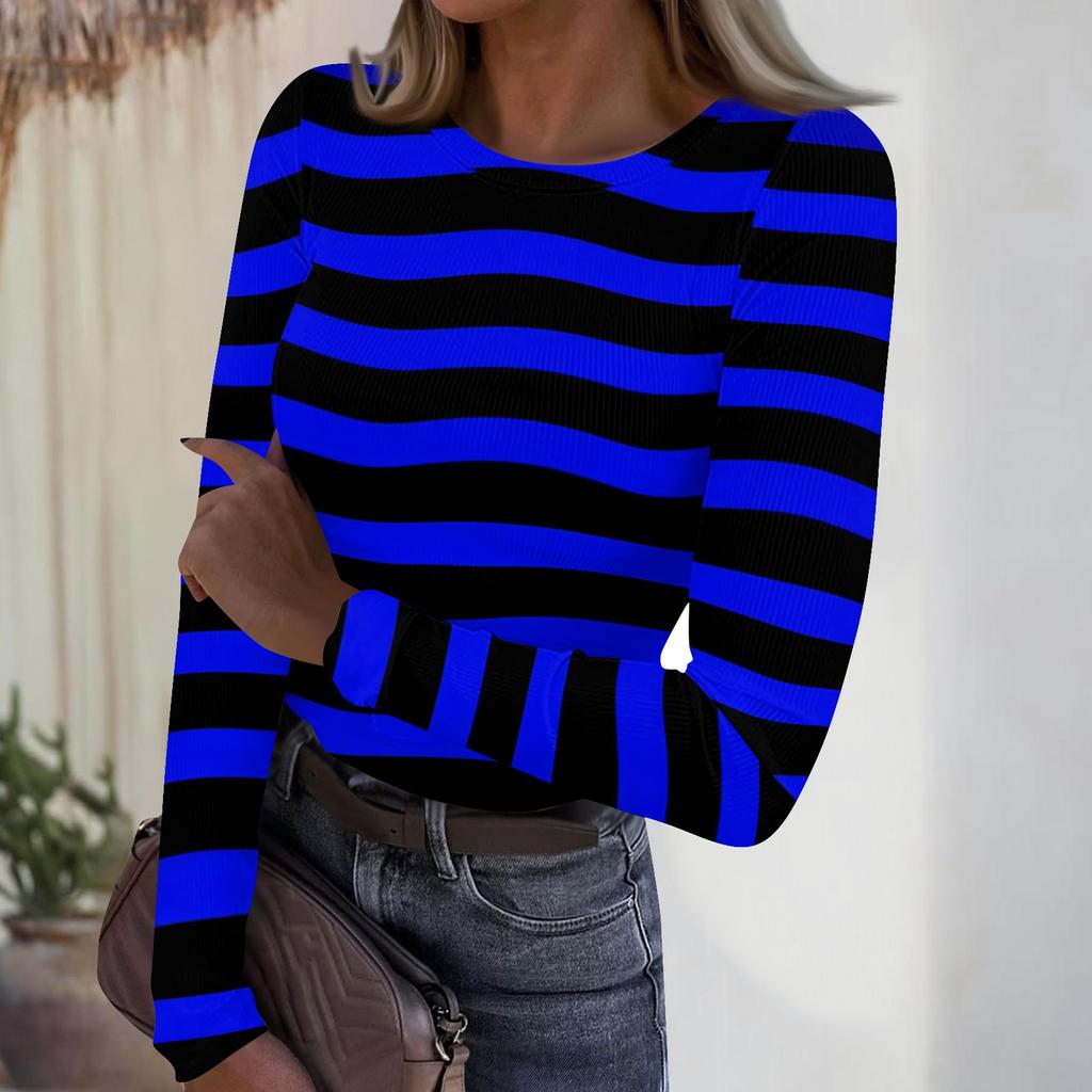 Damski casualowy modny top z okrągłym dekoltem, w paski, z długim rękawem, prążkowany