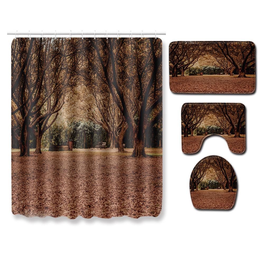 Landscape Shower Curtain Floor Mat Combination Four-Piece Set Bathroom Toilet Carpet Shower Room Mat Foot Mat
