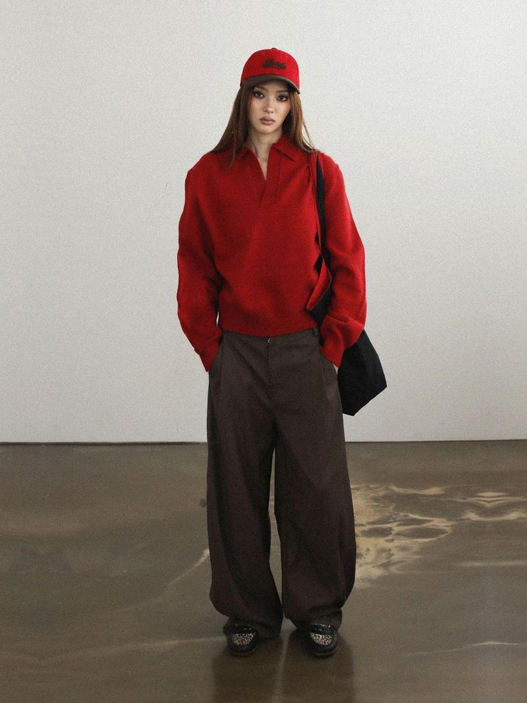 Korean Badblood BCAC Series Women's Red Polo Collar Sweater - Casual Loose Knitwear