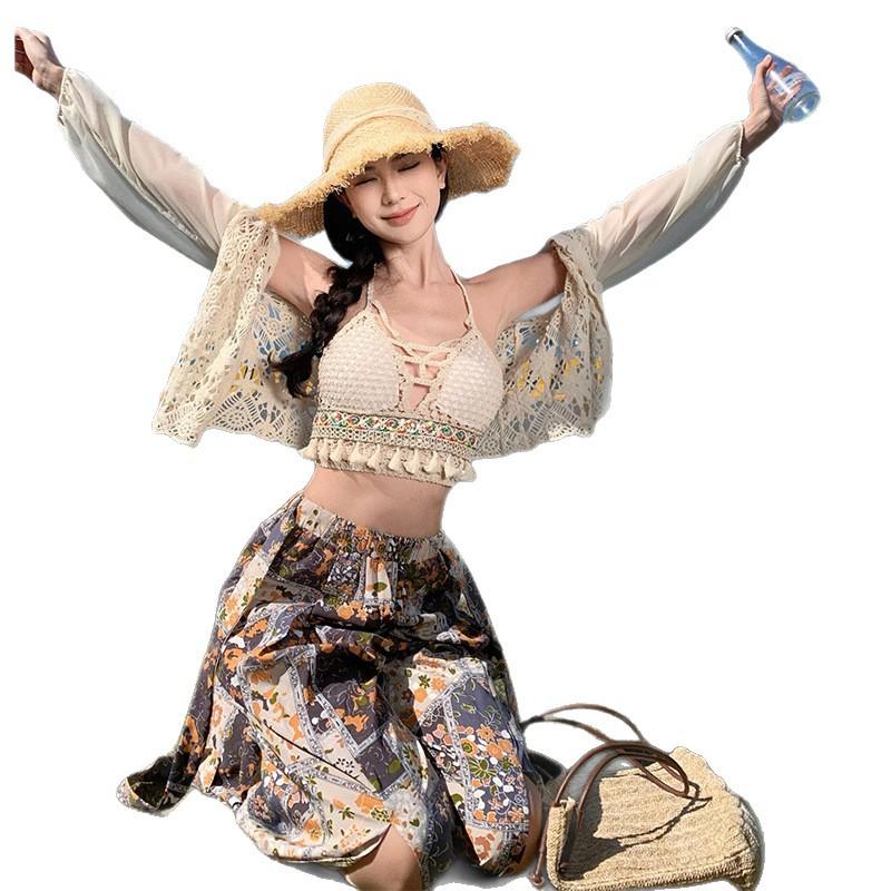 Seaside vacation suit, sexy bikini knitted suspenders + sunscreen cardigan + bohemian print wide-leg pants
