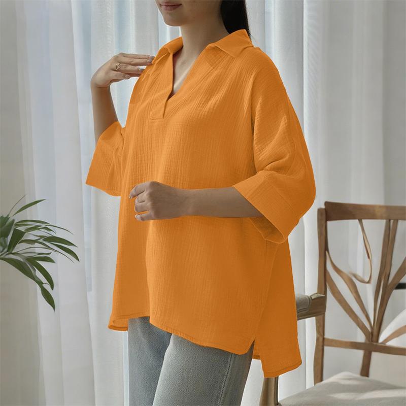 ZANZEA Women Classic Collar Loose 3/4 Sleeve Solid Blouse