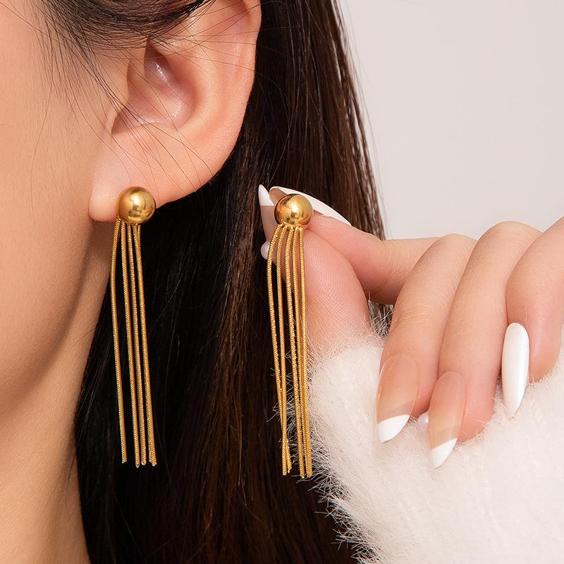 Stainless Steel Round Bead Line Earrings - Fashionable, High-Grade Titanium Steel Ear Studs for Women