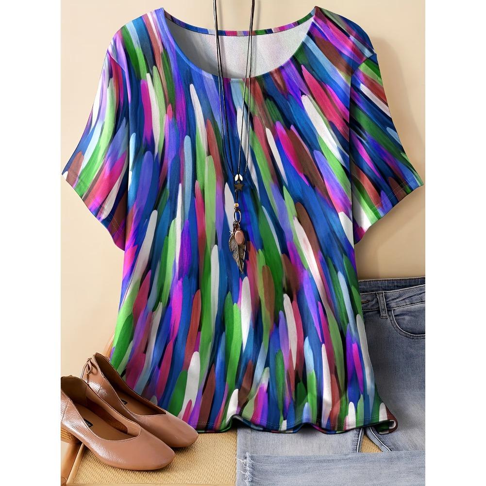Plus Size Casual Crew Neck Short Sleeve Stripe Print T-Shirt - Soft Stretch Polyester Fabric Spring and Summer Womens Relaxed Fit Clothing