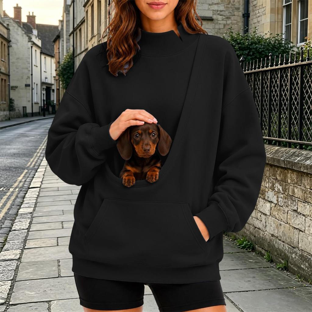 Women's Fashion Drop Shoulder Long Sleeve Pullover Sweatshirt with Pet and Baby Pouch Casual Top