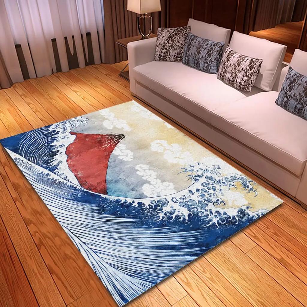 Japoński dywan z motywem fali oceanicznej Ukiyo-E Morski dywanik obszarowy Kwiaty wiśni Góra Fudżi Mata podłogowa Czerwone słońce Złote niebo Maty do domu Wycieraczka