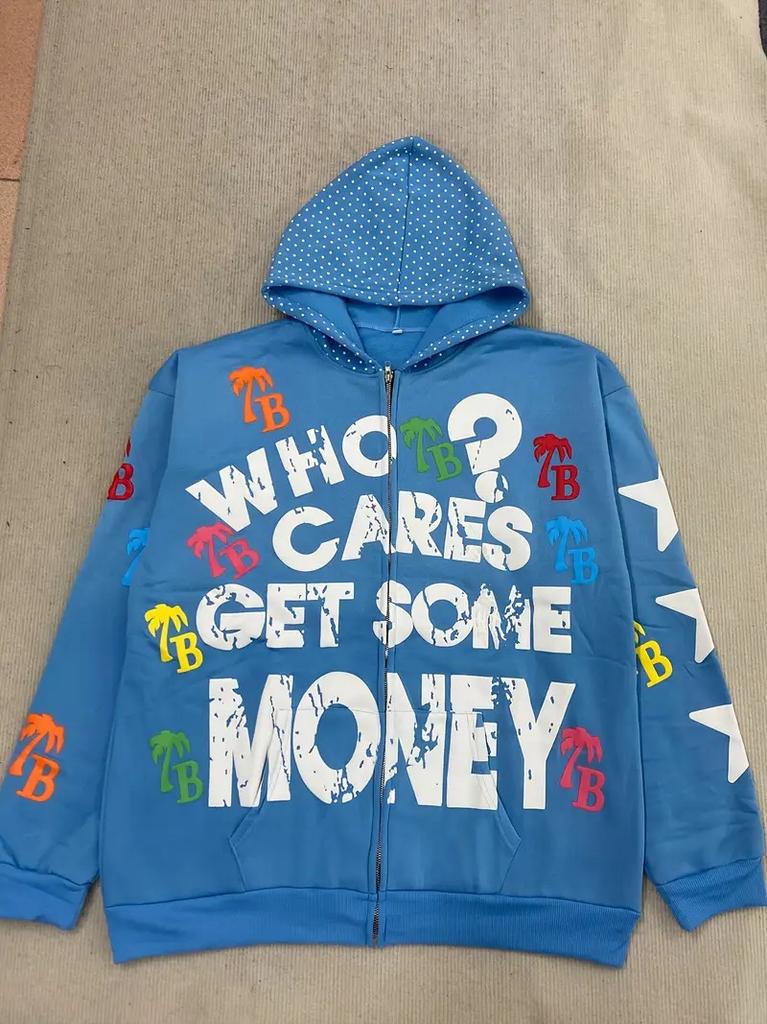 Temu Letter Print Hooded Cardigan Sweater Men's Trendy Brand Loose Color Pattern Couple Coat