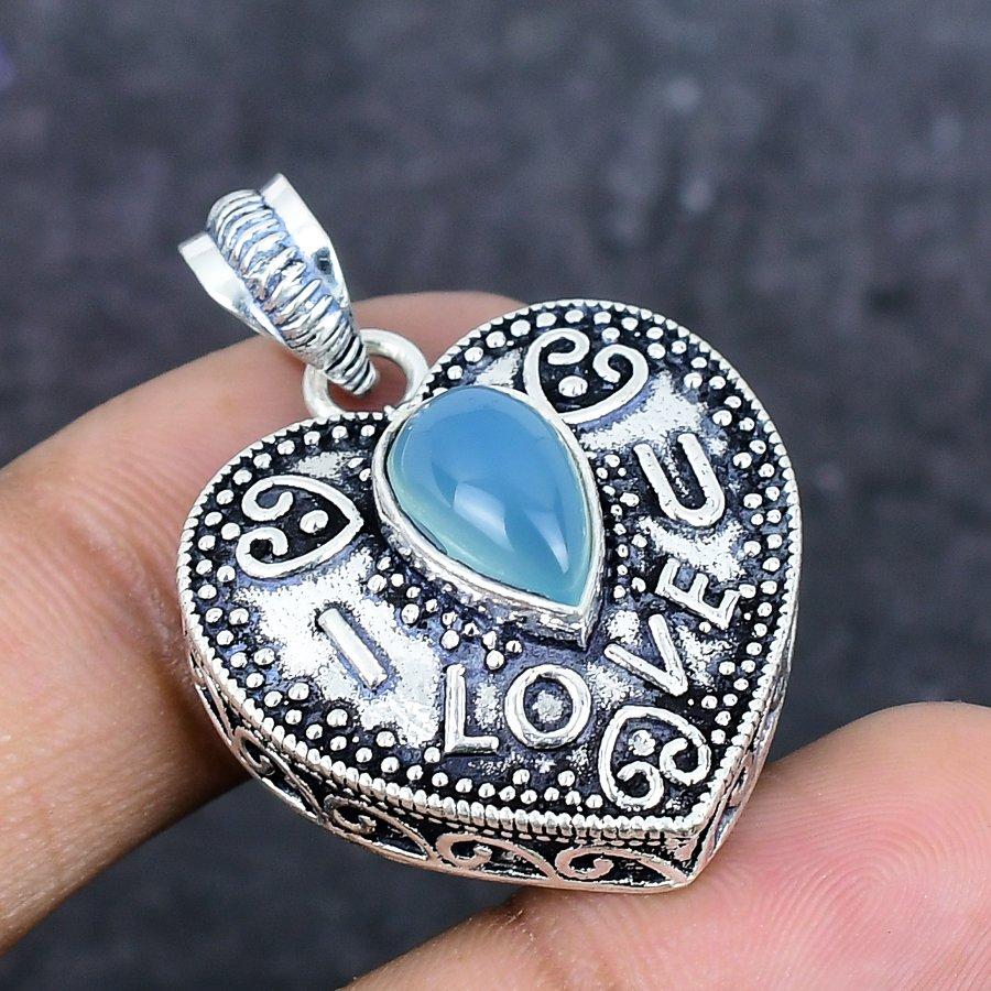 Natürlicher Aqua Chalcedon Edelstein 925 Sterling Silber Schmuck Anhänger 1,46" ETC-13943