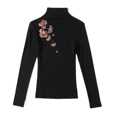 Schwarzes Mesh Langarm-T-Shirt für Damen im Winter Neuer Stehkragen-Stil Schlankmachendes und altersreduzierendes Basic-Shirt Top
