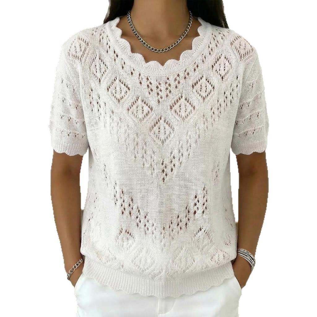 Maglia T-Shirt Corta da Donna all'Uncinetto Lavorazione ajour con Collo in Pizzo Primavera/Estate 2026