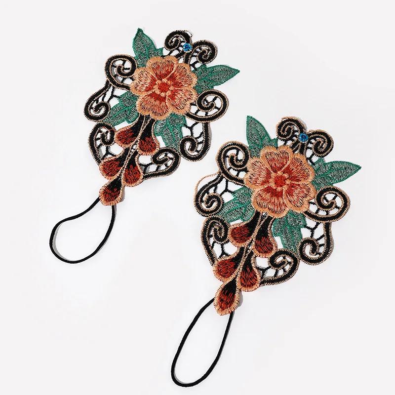 

1Pair Vintage Embroidered Floral Lace Fingerless Gloves For Women, Ethnic Style Wrist Cuffs With Beaded Accents, Polyester Speci чорний
