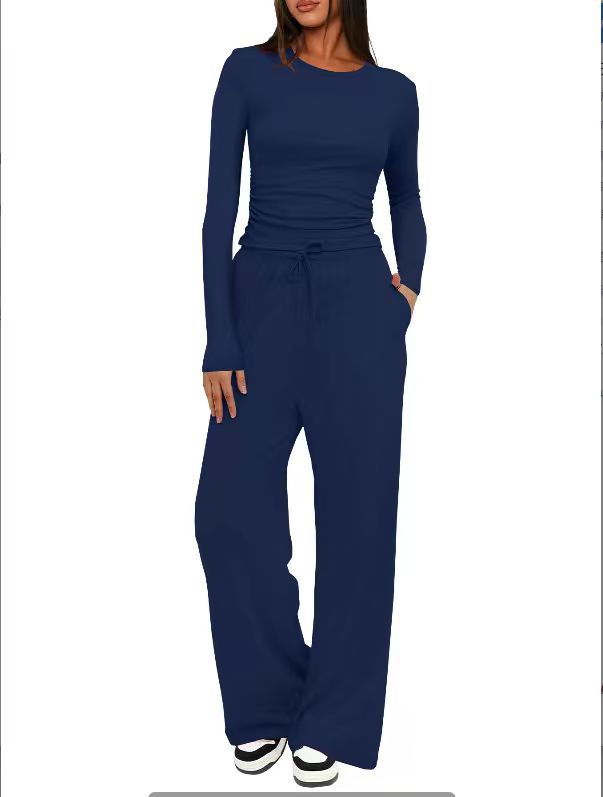 Women's Ribbed Long Sleeve Top and Wide Leg Pants Set