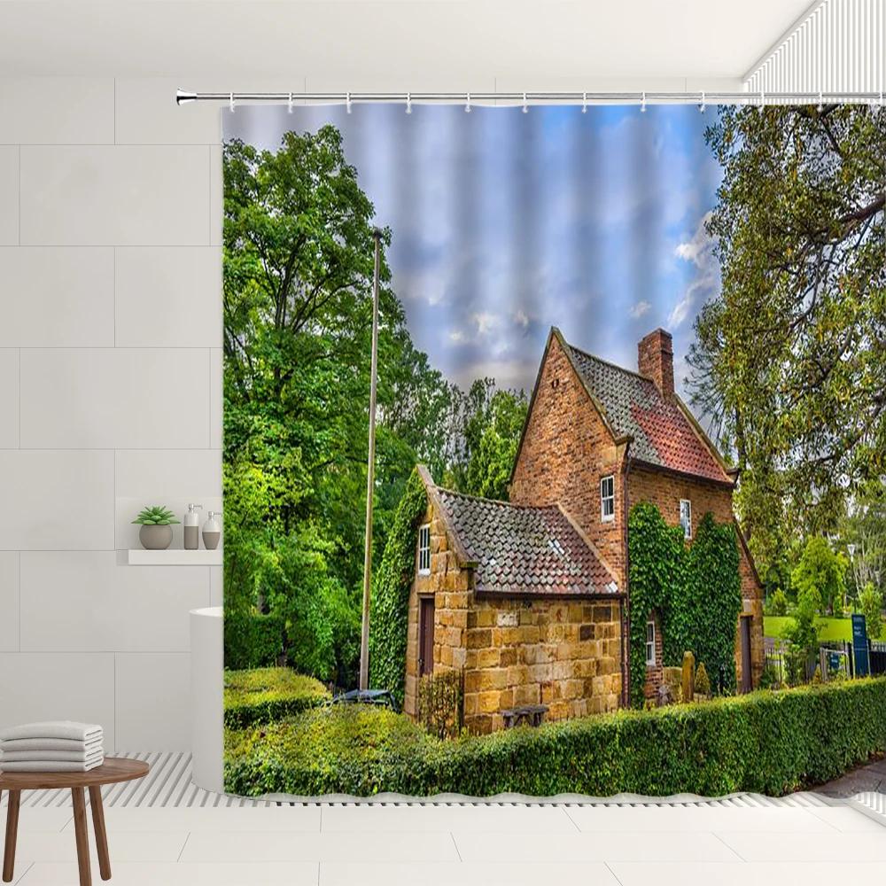 Farm Scenery Shower Curtain Old Retro Farmhouse Green Bamboo Forest Tree Autumn View Garden Decor Wall Covering Bathroom Screens