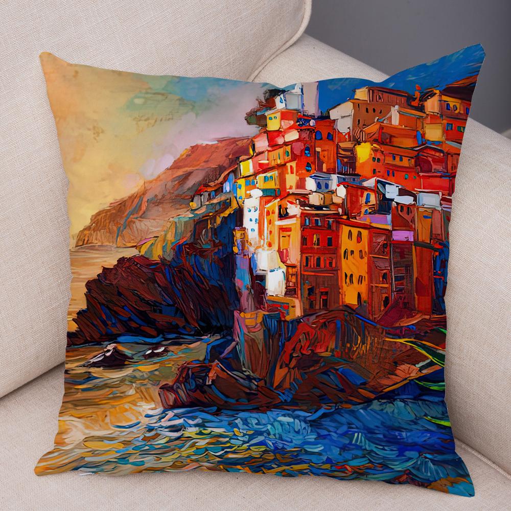 Federa Cuscino Stile Pittura ad Olio Paesaggio Colorato Barca Cavallo Stampa Floreale Lino Morbido Soggiorno Camera da Letto Casa Federa