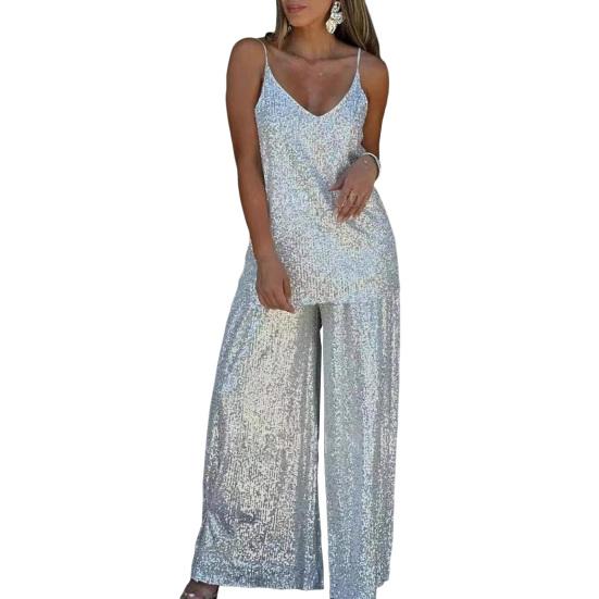 Women Sequin Two Piece Outfit Sleeveless Cami Scoop Neck Top Wide-leg Pants