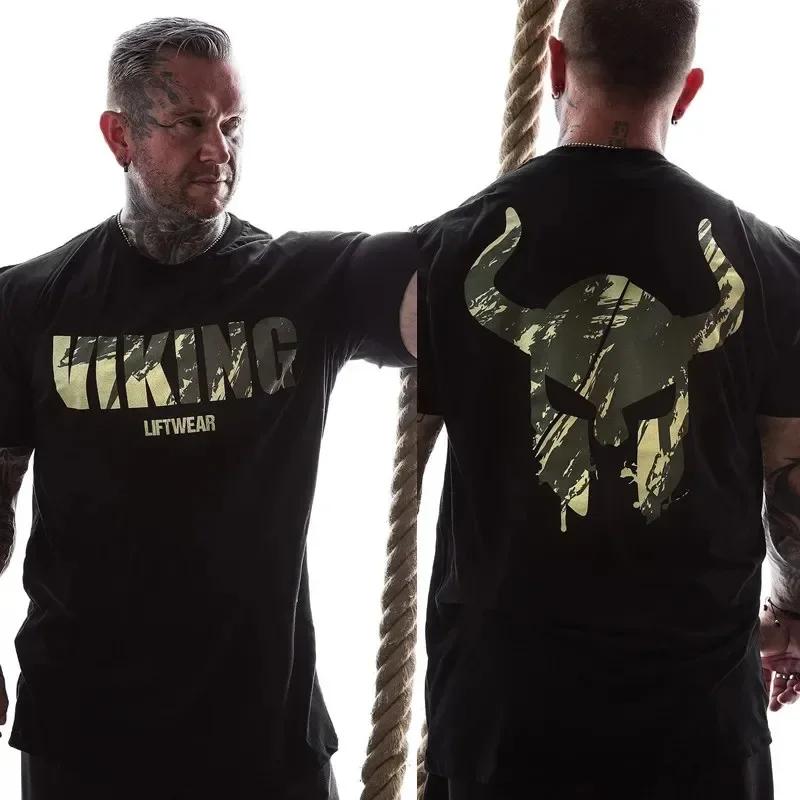 Viking Printed Sport Men's T-Shirt Gym Fitness Bodybuilding Clothing Slim Cotton T Shirt Male Summer Workout Training Tee Tops
