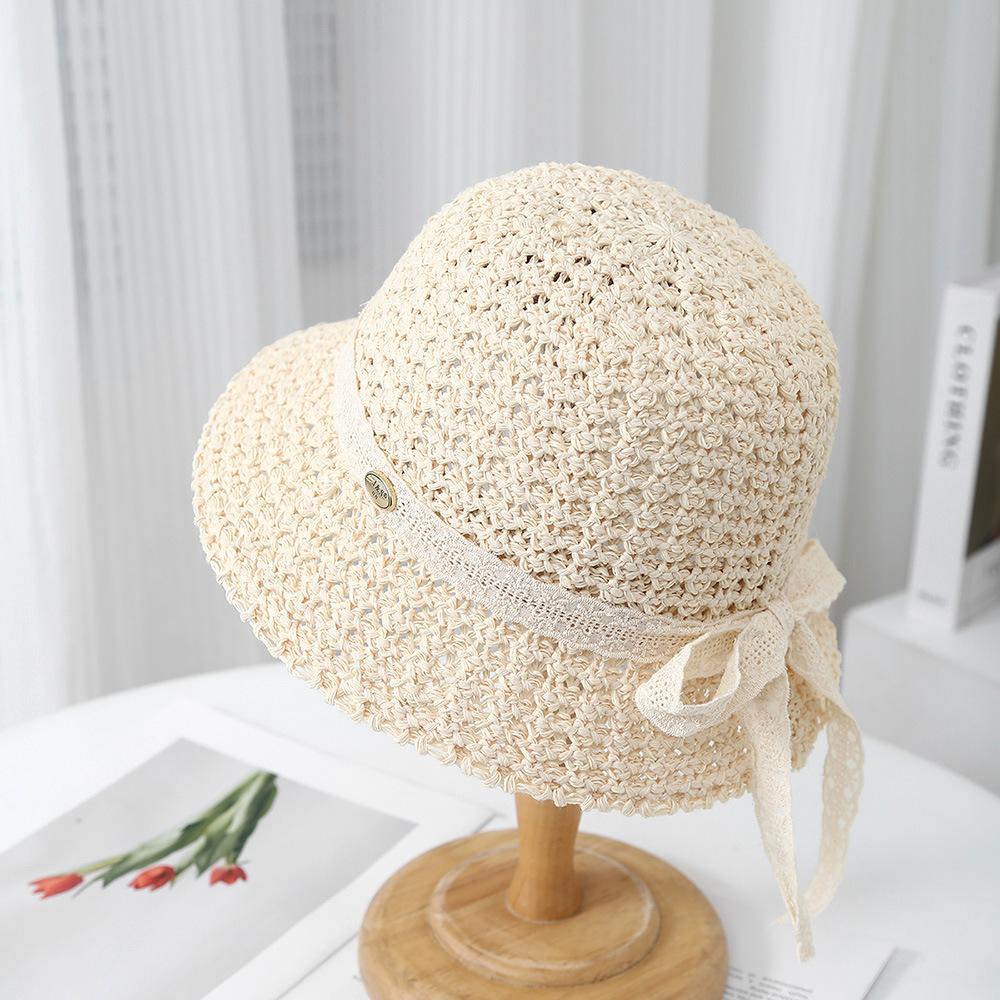 New trendy small fresh big brim women's beach hollow knitted small standard hat simple women's sunshade sunscreen hat