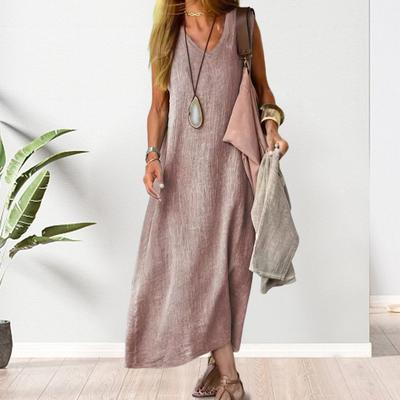 Summer Women Dress V Neck Sleeveless Vest Type Loose Ankle Length Pure Color A-line