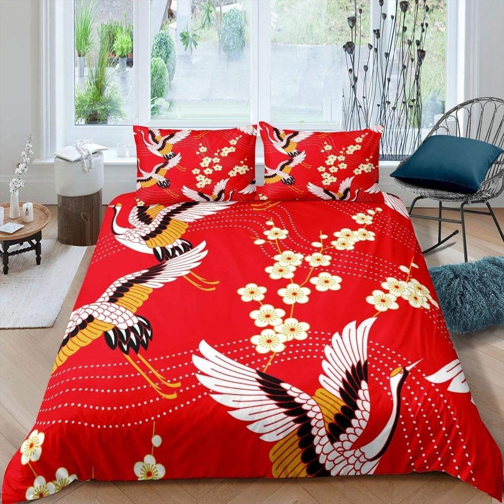 Comforter Crane Queen Size Japanese-Style Bedding Set Cherry Blossoms Pattern Women Girls Japanese Traditional