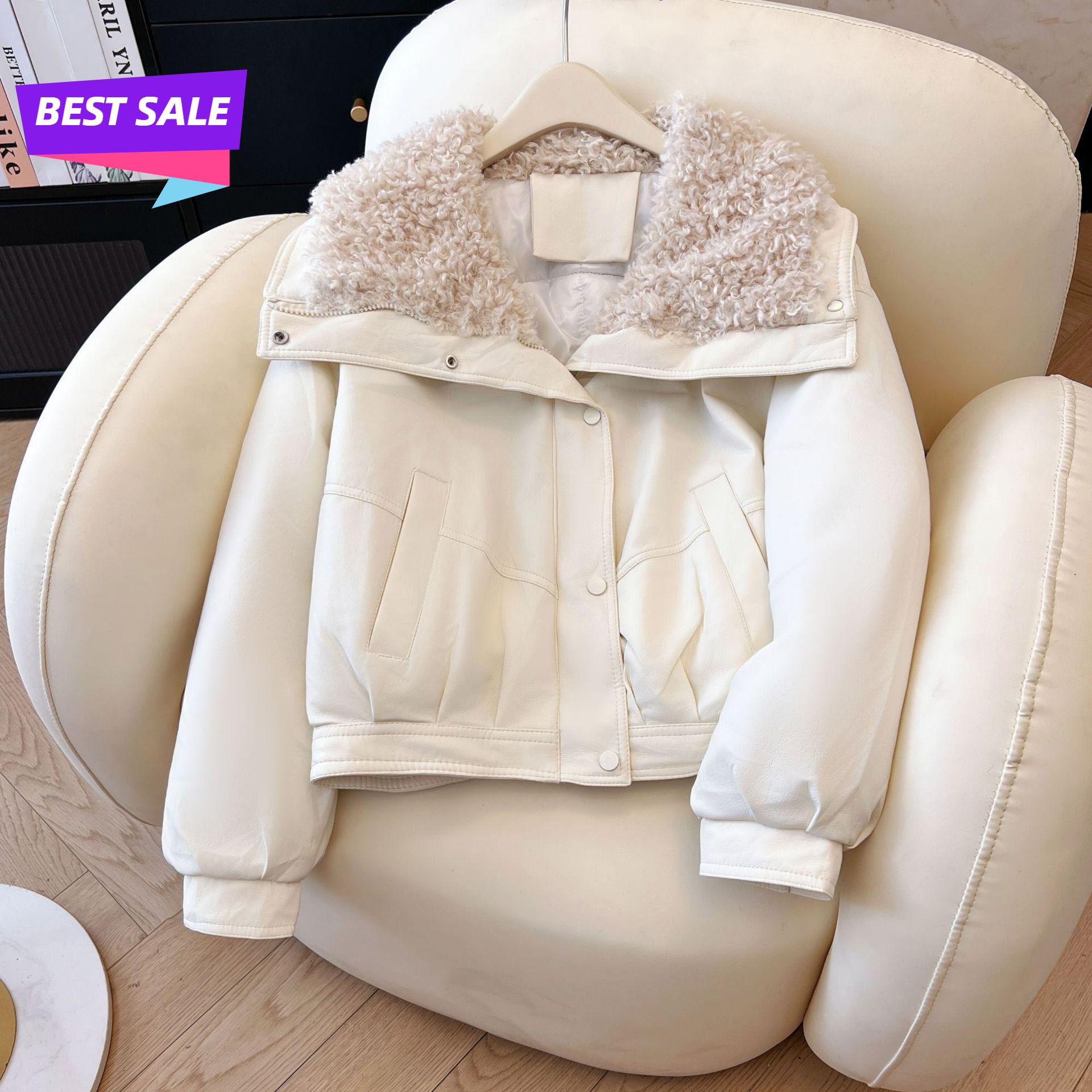 

Куртка из овечьей шерсти из ПУ кожи однотонная корейская версия пуховика из хлопка толстая свободная хлопковая куртка M белый