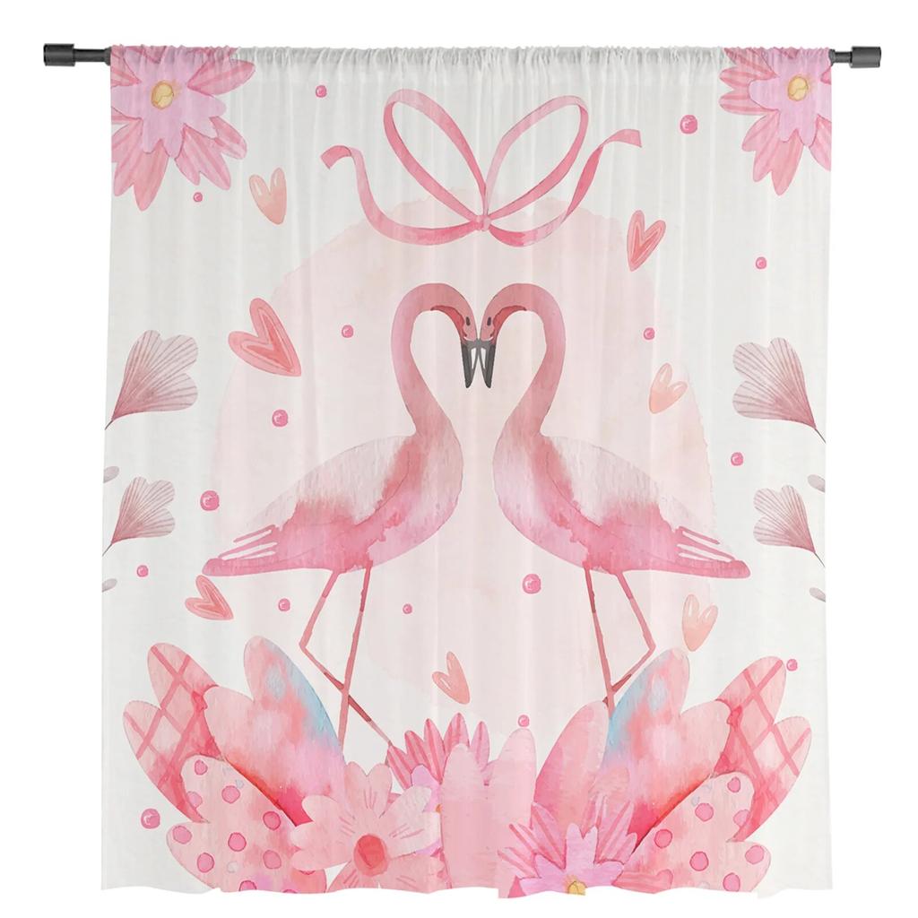 Valentine'S Day Love Flamingo Flowers Plants Sheer Curtains Living Room Bedroom Voile Window Curtain Tulle Drapes