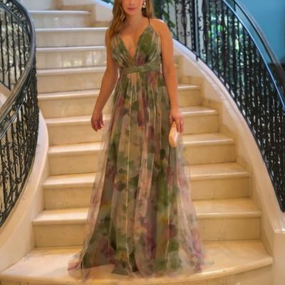 Women's Mesh Spaghetti Strap Maxi Dress Deep V Neck Backless Evening Dress Floral Printed Camisole Dress for Cocktail Party