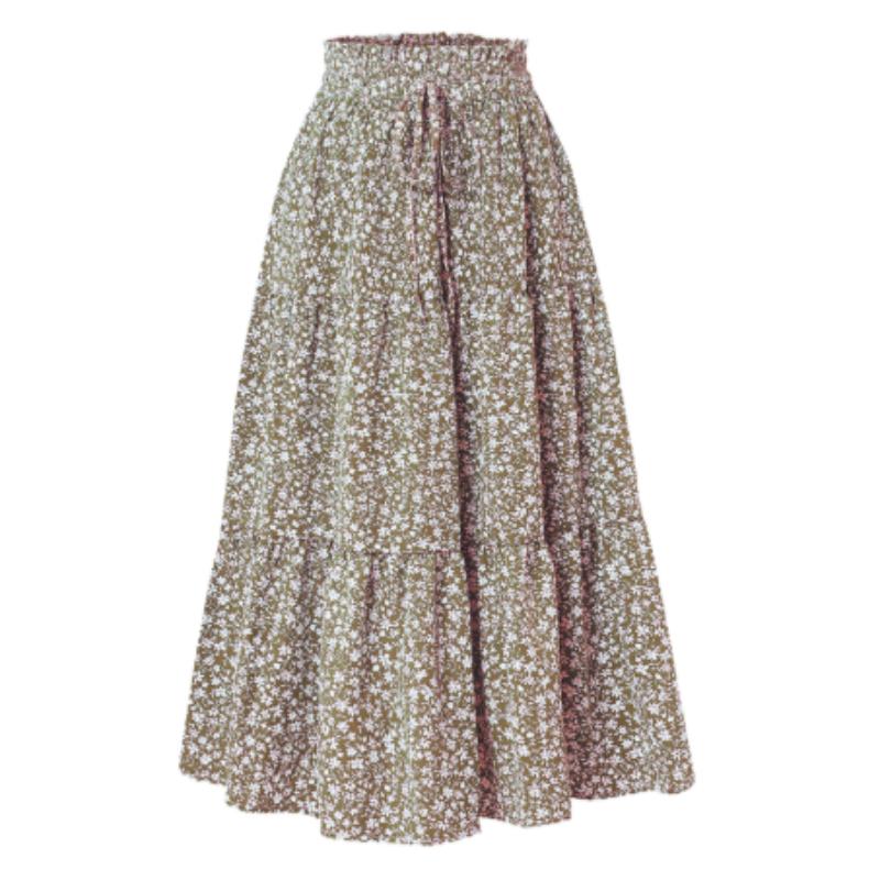 Damenmode, einfarbig, Blumenmuster, Kordelzug, elastische Taille, lockerer langer Rock