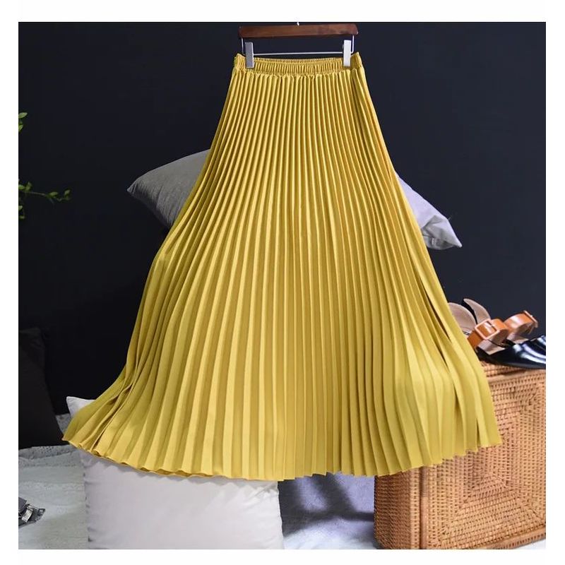 Pleated Skirt with Elastic Waistband Pleated High Waist Half-Length Female Elastic Waist Skirt