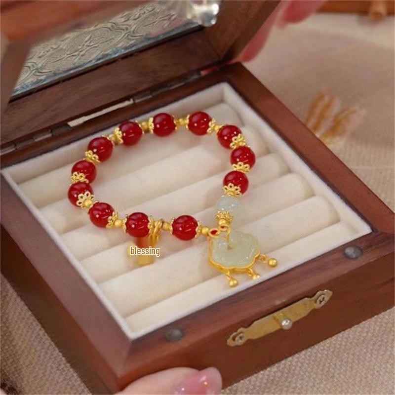 Peace Lock Hetian Jade Women s Retro Niche Design Fortune Charm Bracelet