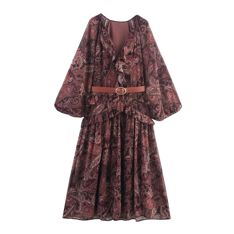 Kaslead New Women Clothes Western Style Fashion With Belt Frill Print V-neck Dress