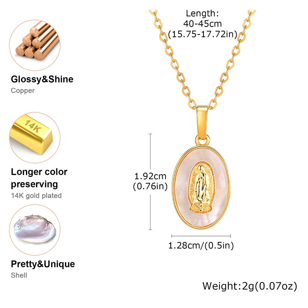 Classic Holy Virgin Mary Oval Shell Pendant Necklace for Women, Vintage Gold Plated Catholic Religious Pray Jewelry Gift
