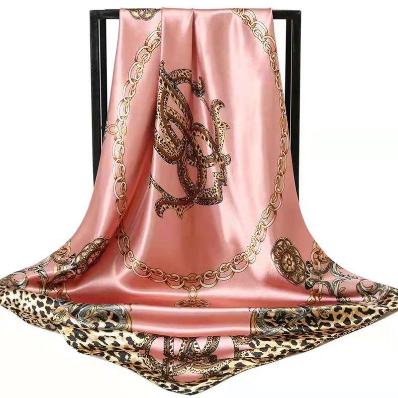 Women's Silk Large Square Scarf with Leopard and Chain Design for Spring and Autumn