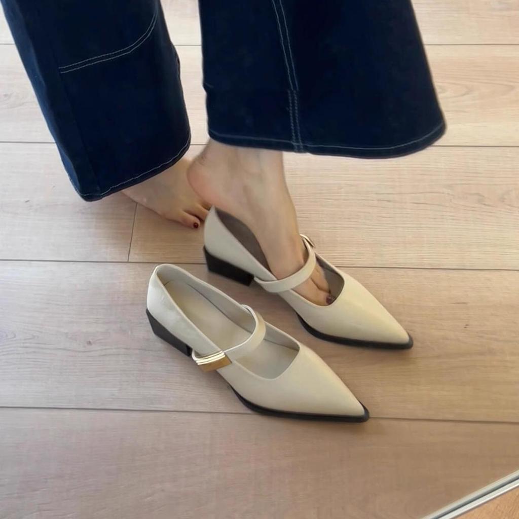 Sheepskin version~ One-pedal pointed Mary Jane shoes thick heel light mouth one word with French commuter light mouth temperament single shoes