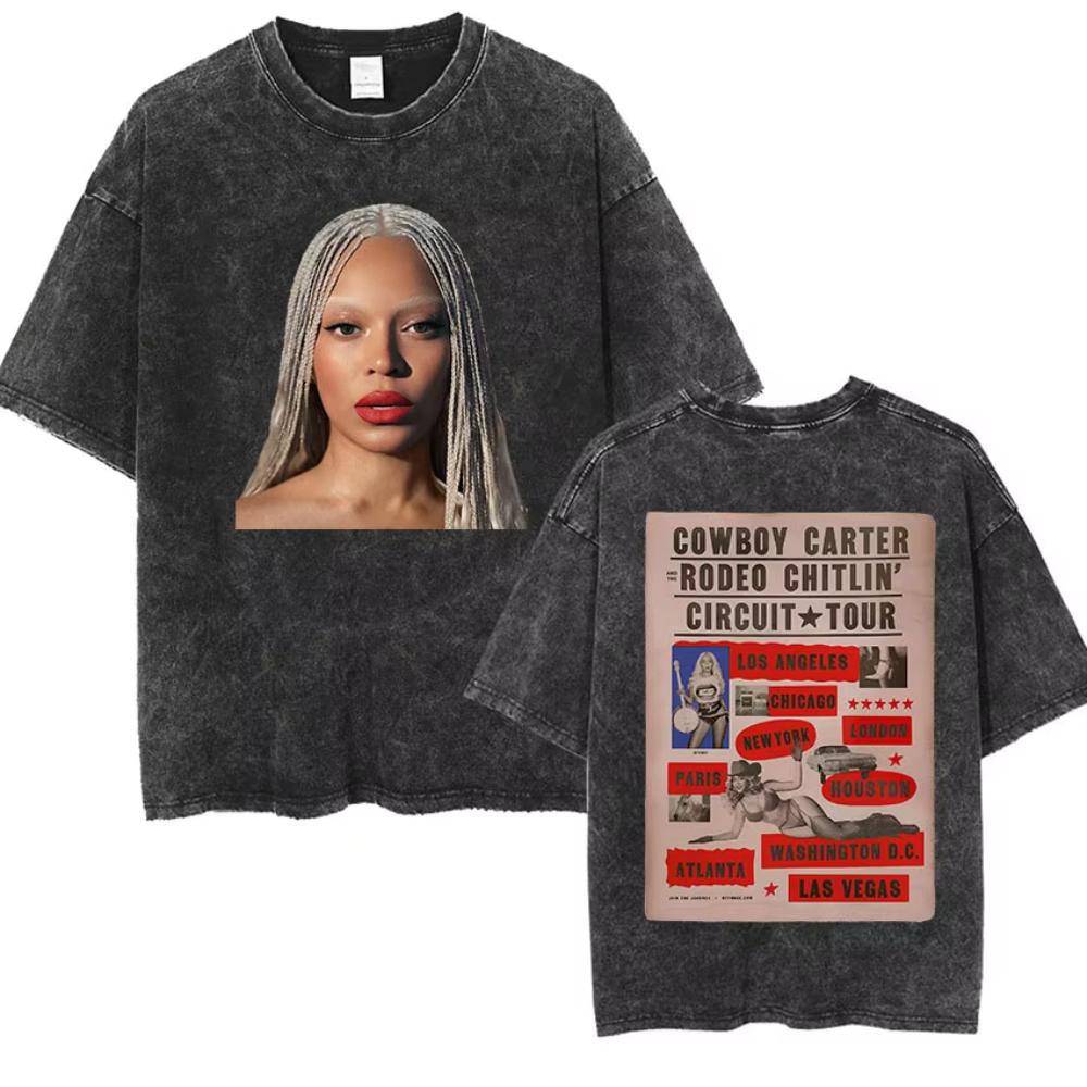 Cowboy Carter Beyonce Tour Vintage Washed T Shirts Men Women Hip Hop Harajuku Oversized Tshirt Summer Clothing Cotton Tees