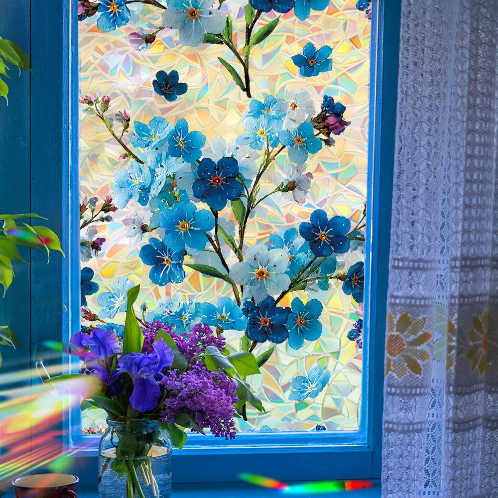 Fresh and Vibrant Laser-Cut Blue Flower Branch Home Decor Glass Window Adhesive Sticker