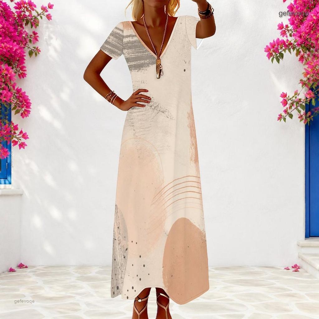 Women Plus Size V Neck Short Sleeve Printed White Maxi Dress